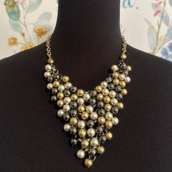 Gold, Silver And Black Bead Triangle Bib Necklace - Picture 1 of 7